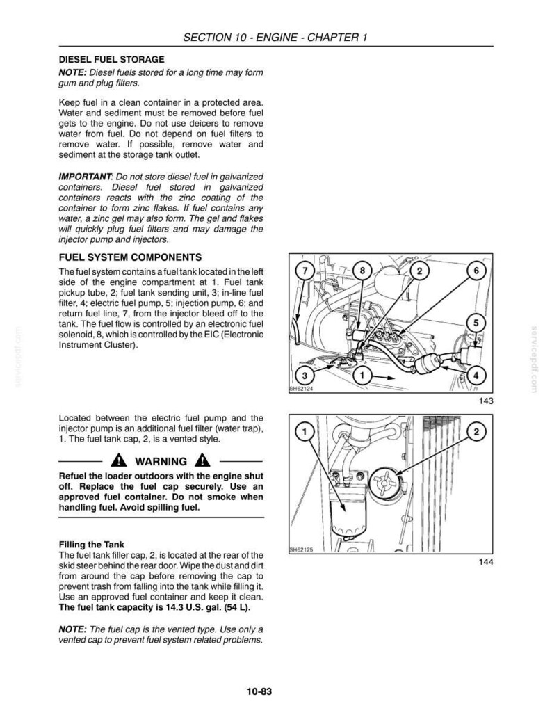May include: A technical manual page titled Section 10 - Engine - Chapter 1, detailing diesel fuel storage and system components. It includes text instructions, warnings, and two black-and-white line drawings with numbered labels identifying engine parts.