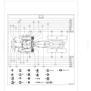 Pu&ograve; includere: Diagramma tecnico di lubrificazione e sostituzioni periodiche di un veicolo. L'illustrazione include componenti numerati, testo e una scala. Il diagramma &egrave; intitolato "LUBRICATIONS AND PERIODIC REPLACEMENTS DIAGRAM".