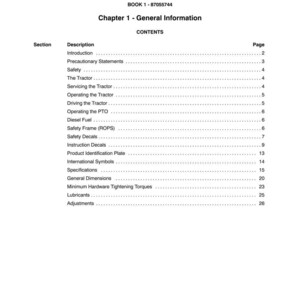 May include: A white page from a manual with the title "SECTION 00 - GENERAL INFORMATION" and "Chapter 1 - General Information." The contents include a list of topics such as "Safety," "Diesel Fuel," and "General Dimensions."