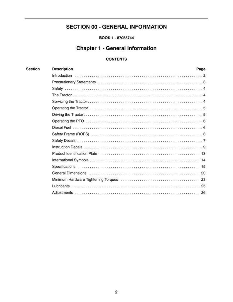 May include: A white page from a manual with the title "SECTION 00 - GENERAL INFORMATION" and "Chapter 1 - General Information." The contents include a list of topics such as "Safety," "Diesel Fuel," and "General Dimensions."
