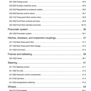 May include: A detailed table of contents from a manual, listing various mechanical systems and components. Sections include hydraulic systems, steering, wheels, and cab climate control. The document is dated 17/11/2015.