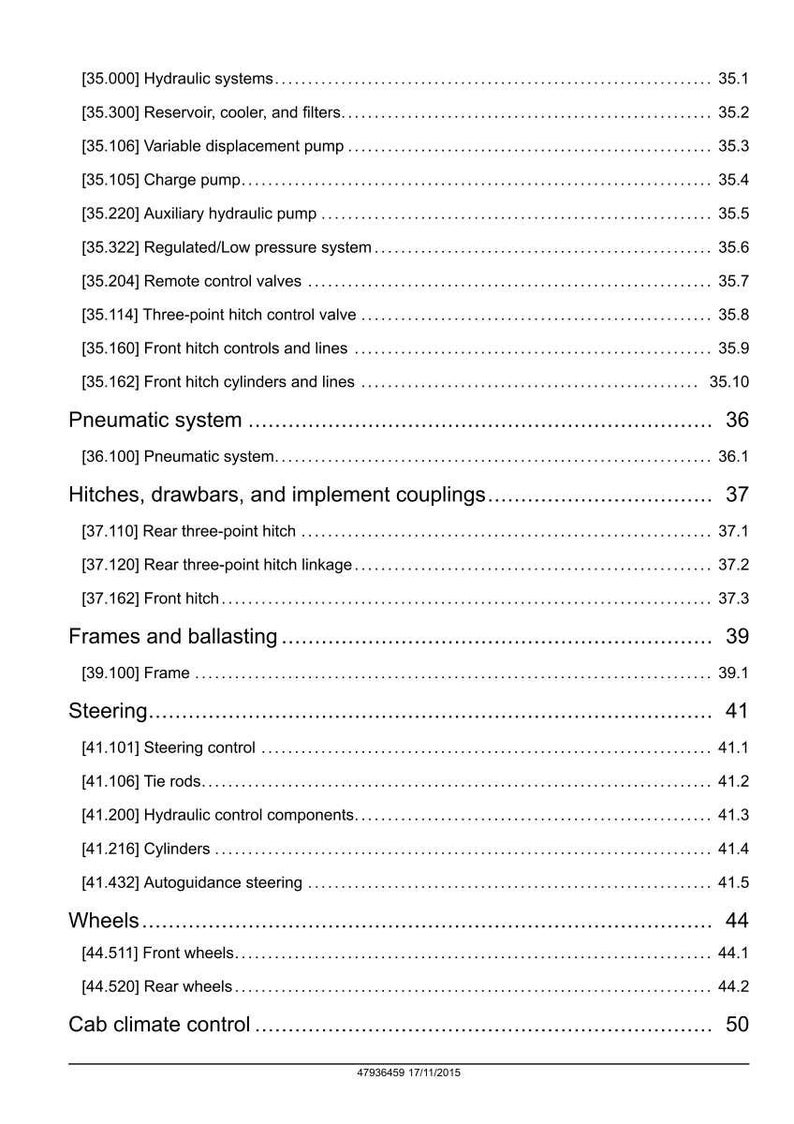 May include: A detailed table of contents from a manual, listing various mechanical systems and components. Sections include hydraulic systems, steering, wheels, and cab climate control. The document is dated 17/11/2015.