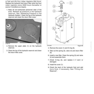 May include: Diagram of hydraulic system maintenance instructions. The image includes a detailed illustration of a hydraulic system with numbered components, along with step-by-step instructions for filter replacement and maintenance procedures. Text includes "2000 Hour Maintenance" and "Return Filter Replacement."