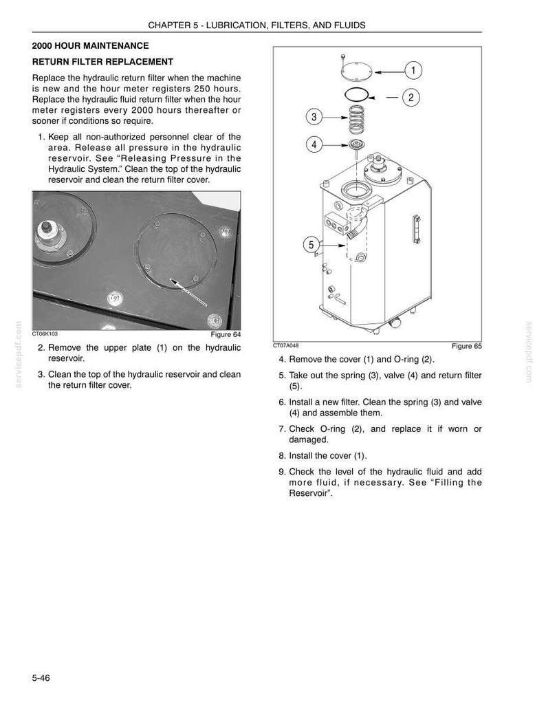 May include: Diagram of hydraulic system maintenance instructions. The image includes a detailed illustration of a hydraulic system with numbered components, along with step-by-step instructions for filter replacement and maintenance procedures. Text includes "2000 Hour Maintenance" and "Return Filter Replacement."