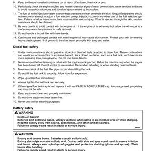 May include: A printed page with safety instructions for diesel fuel and battery use. The text includes warnings about antifreeze, engine oil, and potential hazards. The document also provides safety guidelines.