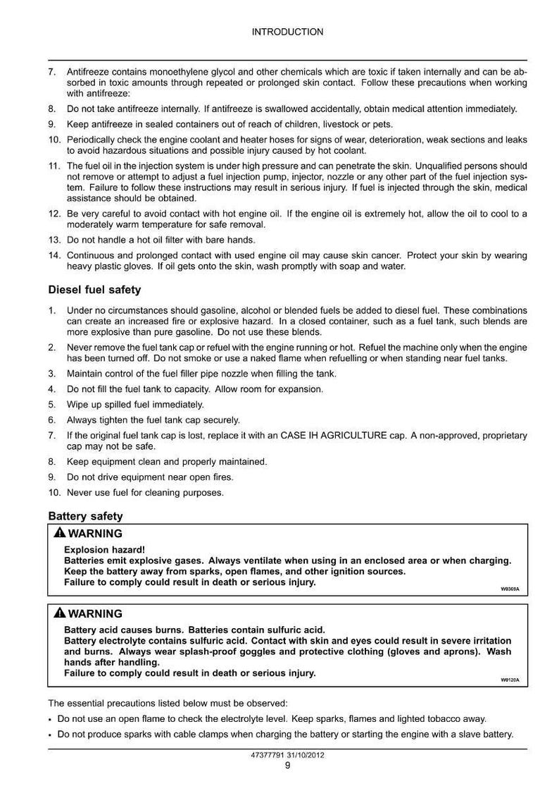 May include: A printed page with safety instructions for diesel fuel and battery use. The text includes warnings about antifreeze, engine oil, and potential hazards. The document also provides safety guidelines.