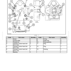 May include: Technical diagram of a hydraulic system's variable displacement pump, labelled "Number 4 - Cover assembly." Shows various components including bolts, plugs, and an O-ring. A parts list with codes and quantities is also included.