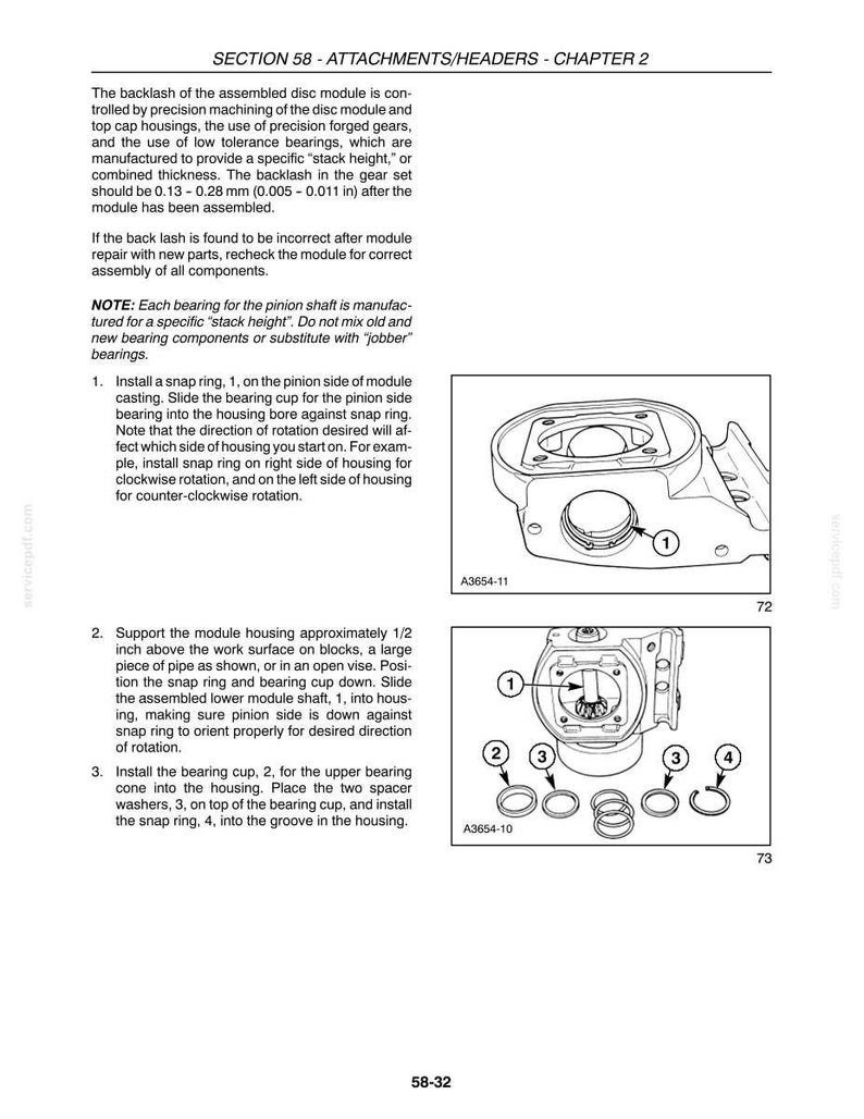 May include: A technical manual page titled SECTION 58 - ATTACHMENTS/HEADERS - CHAPTER 2, featuring black and white line drawings of mechanical components, numbered parts, and assembly instructions for a disc module with a 0.13 - 0.28 mm backlash.