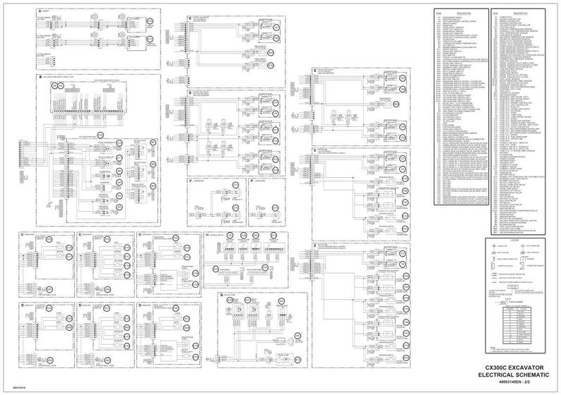 May include: A detailed electrical schematic for a CX300C excavator. The diagram is predominantly white with black lines and symbols, illustrating the excavator's electrical system. Text includes component descriptions and a legend. The title "CX300C EXCAVATOR ELECTRICAL SCHEMATIC" is visible.