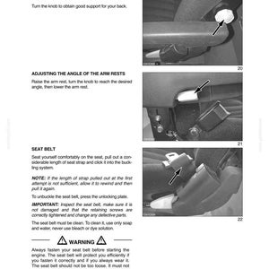 May include: A page from a manual detailing car interior controls. The image shows close-ups of a car seat with instructions for adjusting the lumbar support, armrests, and seat belt. Text includes safety warnings.