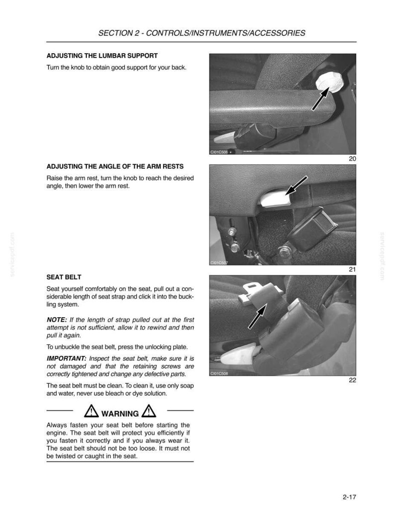 May include: A page from a manual detailing car interior controls. The image shows close-ups of a car seat with instructions for adjusting the lumbar support, armrests, and seat belt. Text includes safety warnings.