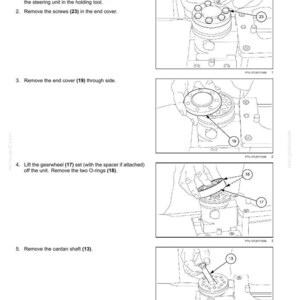 May include: Diagram of a hydraulic steering system disassembly process. The image shows step-by-step instructions with numbered illustrations, including removing screws, end covers, gearwheels, and O-rings. Text at the top reads "Hydraulic steering system - Disassemble."