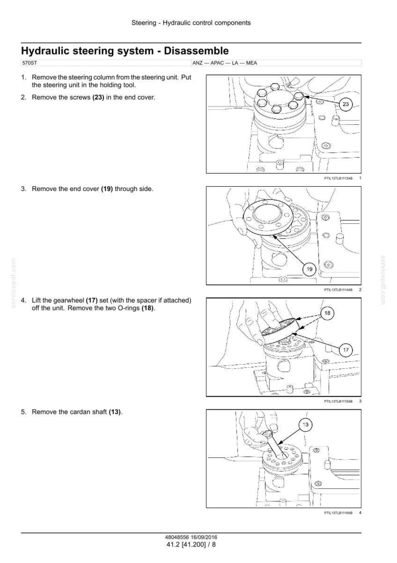 May include: Diagram of a hydraulic steering system disassembly process. The image shows step-by-step instructions with numbered illustrations, including removing screws, end covers, gearwheels, and O-rings. Text at the top reads "Hydraulic steering system - Disassemble."