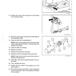 May include: Diagram of a fuel system maintenance procedure. The image shows detailed illustrations of components, including a filter, seals, and pump body, with numbered labels for each part. Text instructions accompany the diagrams.
