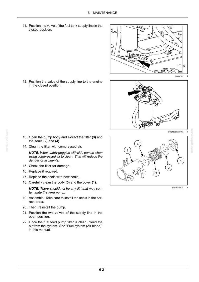 May include: Diagram of a fuel system maintenance procedure. The image shows detailed illustrations of components, including a filter, seals, and pump body, with numbered labels for each part. Text instructions accompany the diagrams.