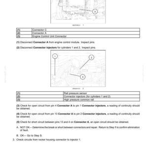 May include: Diagram of a distribution system with fault codes, including Connector C, Connector A, and Engine Control Unit Connector. Instructions detail checking circuits and connectors for open or short circuits. Includes measurements in inches.