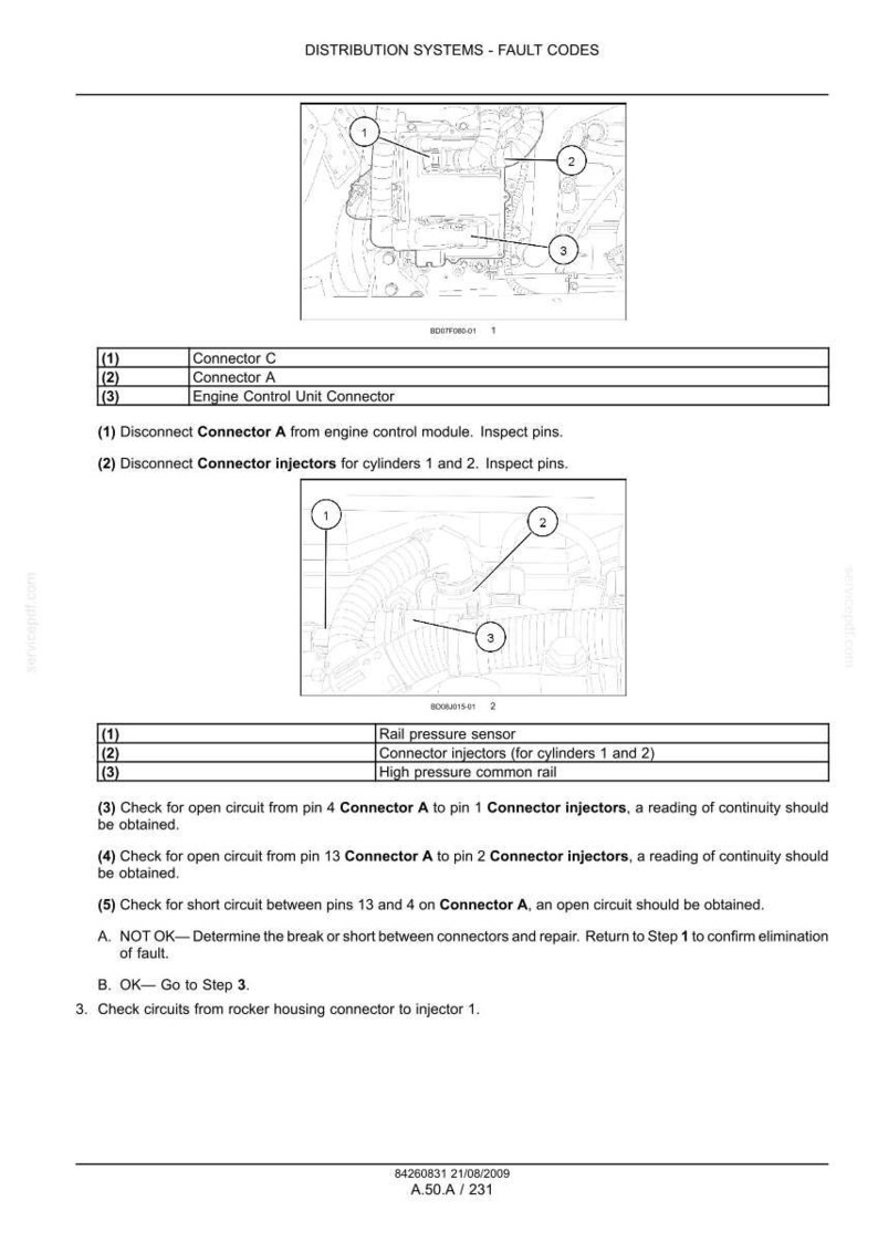 May include: Diagram of a distribution system with fault codes, including Connector C, Connector A, and Engine Control Unit Connector. Instructions detail checking circuits and connectors for open or short circuits. Includes measurements in inches.
