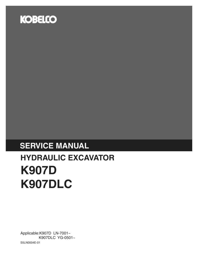 Puede incluir: Un manual de servicio Kobelco gris para una excavadora hidr&aacute;ulica. La portada presenta el texto K907D y K907DLC, con los n&uacute;meros de modelo aplicables K907D LN-7001 y K907DLC YG-0501, y el c&oacute;digo S5LN0004E-01 impreso en la parte inferior.