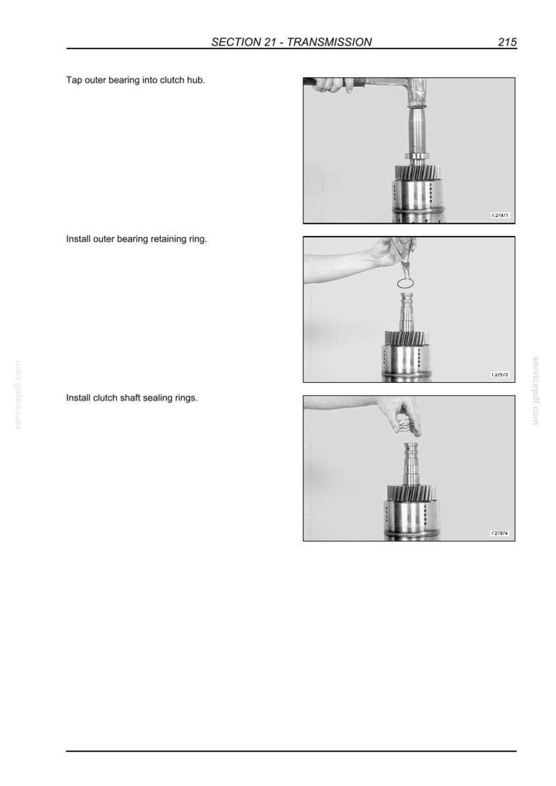 May include: Diagram from a manual showing the steps to service a transmission. The steps include tapping a bearing, installing a retaining ring, and installing sealing rings. The text "SECTION 21 - TRANSMISSION" is at the top.