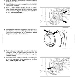 May include: Diagram of front drive shaft installation, including center bearing, bolts, and torque specifications in lb ft. Instructions detail applying anti-seize compound, installing the bearing housing, and tightening bolts.