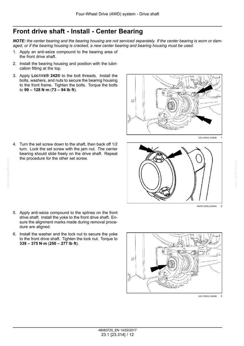 May include: Diagram of front drive shaft installation, including center bearing, bolts, and torque specifications in lb ft. Instructions detail applying anti-seize compound, installing the bearing housing, and tightening bolts.