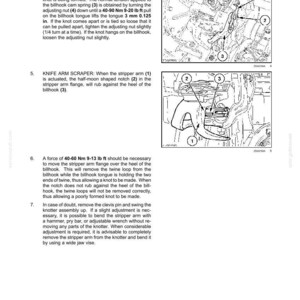 May include: Diagram of a machine component with labels and arrows, illustrating the process of wrapping and tying twine. Includes close-up views of the billhook cam, knife arm scraper, and related parts. Text details the steps and forces involved.