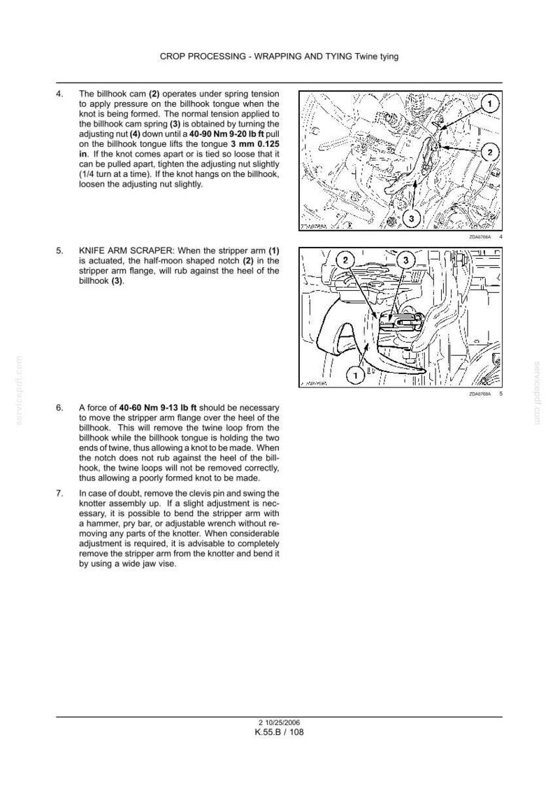 May include: Diagram of a machine component with labels and arrows, illustrating the process of wrapping and tying twine. Includes close-up views of the billhook cam, knife arm scraper, and related parts. Text details the steps and forces involved.