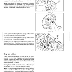 May include: A technical manual page titled 6-WORKING OPERATIONS detailing front hitch controls. It features line drawings of a multi-functional handle and a control panel with numbered knobs and switches, accompanied by instructional text.