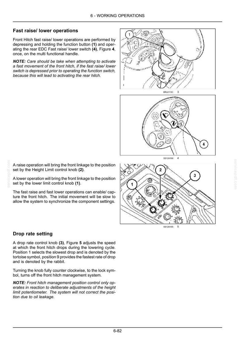 May include: A technical manual page titled 6-WORKING OPERATIONS detailing front hitch controls. It features line drawings of a multi-functional handle and a control panel with numbered knobs and switches, accompanied by instructional text.