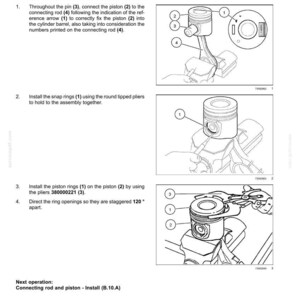 May include: Diagram illustrating the assembly of a connecting rod and piston. The image shows numbered components, including the piston, connecting rod, and snap rings, with instructions for assembly. Text includes "Connecting rod and piston - Assemble."