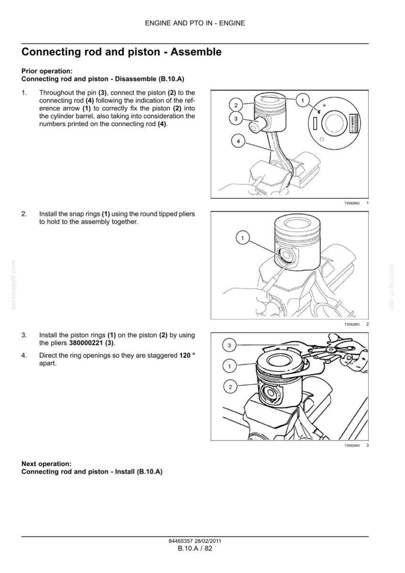 May include: Diagram illustrating the assembly of a connecting rod and piston. The image shows numbered components, including the piston, connecting rod, and snap rings, with instructions for assembly. Text includes "Connecting rod and piston - Assemble."