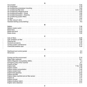 May include: Index page from a manual, listing various automotive components and their corresponding page numbers. The text is black on a white background, organized alphabetically with categories like "Engine" and "Battery".