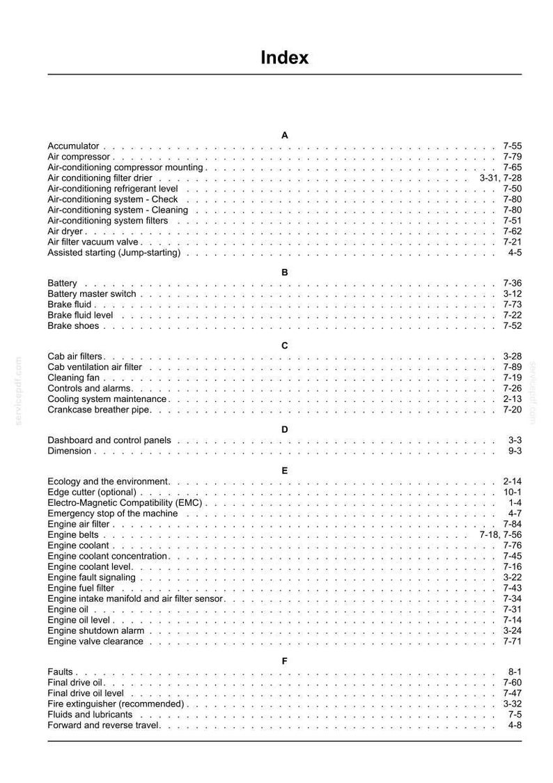 May include: Index page from a manual, listing various automotive components and their corresponding page numbers. The text is black on a white background, organized alphabetically with categories like "Engine" and "Battery".