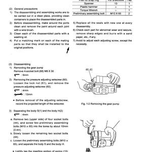 May include: A technical diagram with text detailing disassembly and assembly procedures. Includes a table listing tools like hexagonal wrench keys and a plastic hammer. Illustrations show steps for removing and separating components, with measurements in inches and millimeters.