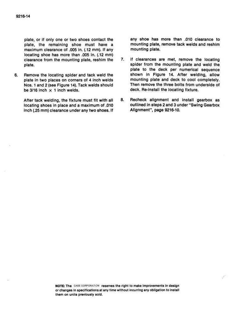 Puede incluir: Una p&aacute;gina impresa con instrucciones t&eacute;cnicas y diagramas. El texto incluye medidas en pulgadas y fracciones de pulgada, junto con una nota sobre mejoras de dise&ntilde;o. El documento es de Case Corporation.