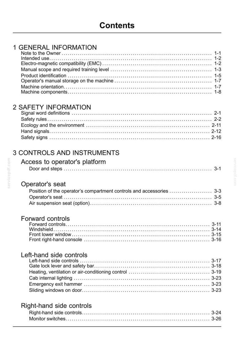 May include: A white document page with the title "Contents" at the top. The document is a table of contents for a manual, with numbered sections and sub-sections detailing information and controls.