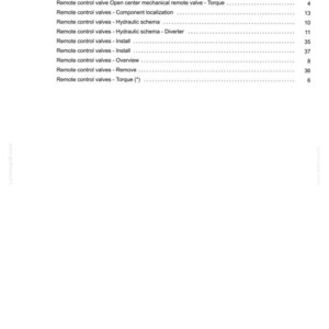 Pu&ograve; includere: Un documento bianco con un elenco di argomenti "Remote control valve" e numeri di pagina. Il documento include argomenti come "Dynamic description", "Pressure setting" e "Torque". In fondo alla pagina ci sono una nota e una data.