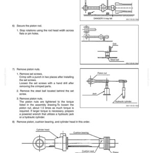May include: Technical diagram with instructions for piston rod maintenance. Includes illustrations of tools like a drill, jack, and hydraulic cylinder. Text warns of potential damage and details steps for securing and removing parts. Issued 08-2008.
