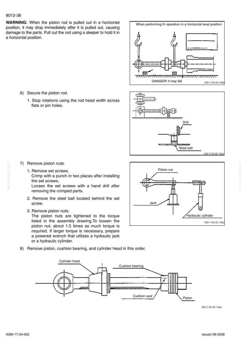 May include: Technical diagram with instructions for piston rod maintenance. Includes illustrations of tools like a drill, jack, and hydraulic cylinder. Text warns of potential damage and details steps for securing and removing parts. Issued 08-2008.