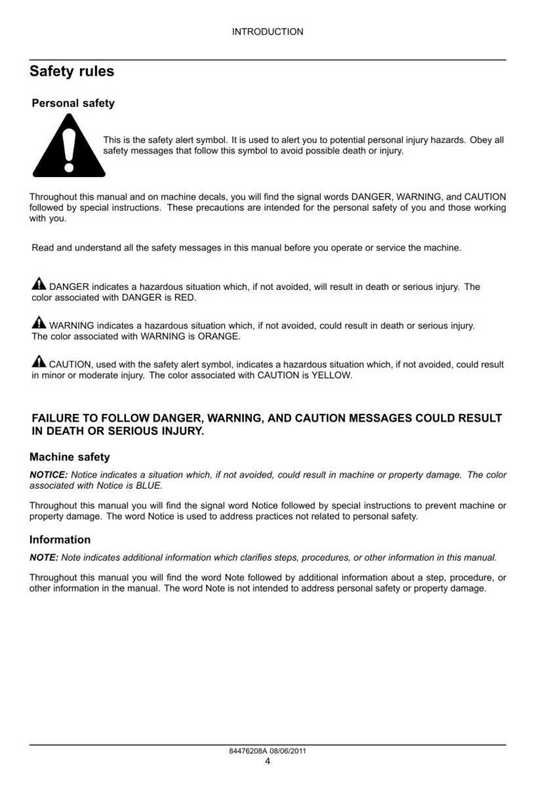 May include: A page from a manual with safety instructions. The text includes safety alert symbols, and the words DANGER, WARNING, CAUTION, and NOTICE. The color associated with DANGER is red, WARNING is orange, CAUTION is yellow, and NOTICE is blue.
