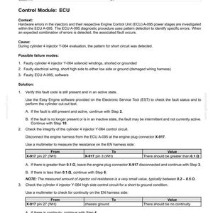 May include: A diagnostic document detailing fault codes for an electrical system. The text explains a short circuit error in injector cylinder 4, including possible causes and solutions. Includes tables with resistance measurements in Ohms.