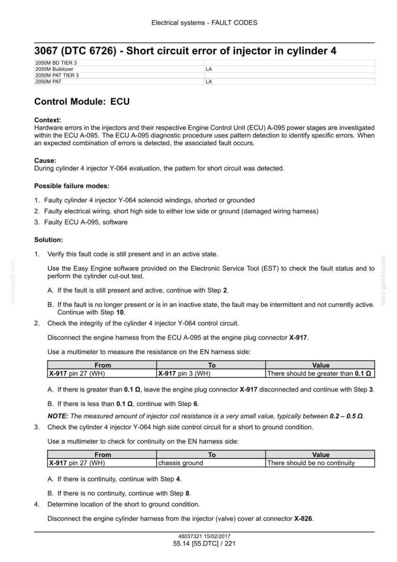May include: A diagnostic document detailing fault codes for an electrical system. The text explains a short circuit error in injector cylinder 4, including possible causes and solutions. Includes tables with resistance measurements in Ohms.