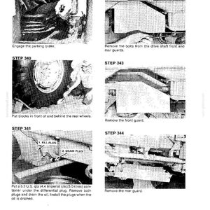 May include: A black and white technical diagram with instructions for vehicle maintenance. Steps include engaging the parking brake, removing bolts, and draining oil. The diagram also shows the location of the fill and drain plugs.