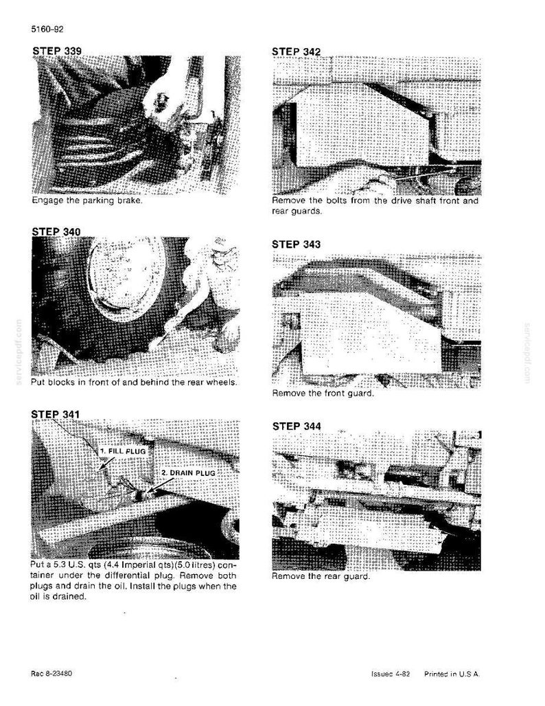 May include: A black and white technical diagram with instructions for vehicle maintenance. Steps include engaging the parking brake, removing bolts, and draining oil. The diagram also shows the location of the fill and drain plugs.