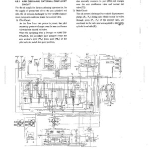 以下が含まれることがあります： 4.6 ARM CIRCUIT, 4.6.1 ARM DISCHARGE (INTERNAL CONFLUENT CIRCUIT) と題された技術文書ページ。Fig. 14 Arm Discharge Operation とラベル付けされた複雑な白黒の油圧回路図と詳細なテキスト説明が記載されています。