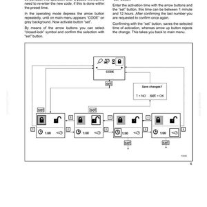 Pu&ograve; includere: Diagramma che illustra il funzionamento dell'immobilizzatore e della funzione timer codice di una macchina. Il diagramma include testo, icone e diagrammi di flusso che descrivono il processo di impostazione e attivazione di un timer codice.