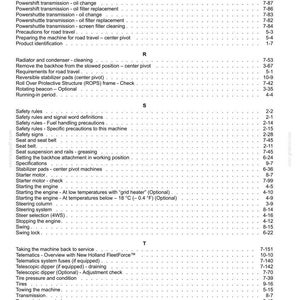 Puede incluir: Una p&aacute;gina de &iacute;ndice de manual t&eacute;cnico en blanco y negro con los encabezados alfab&eacute;ticos R, S y T. El texto enumera varios temas de mantenimiento de maquinaria, incluyendo el ajuste del freno de estacionamiento, limpieza del radiador y controles de transmisi&oacute;n.
