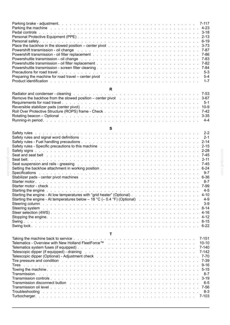 Puede incluir: Una p&aacute;gina de &iacute;ndice de manual t&eacute;cnico en blanco y negro con los encabezados alfab&eacute;ticos R, S y T. El texto enumera varios temas de mantenimiento de maquinaria, incluyendo el ajuste del freno de estacionamiento, limpieza del radiador y controles de transmisi&oacute;n.