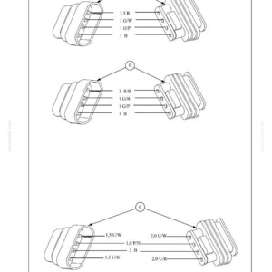 May include: Diagram of electrical harnesses and connectors, labeled with specifications. The image shows three different connector designs, each with multiple pins and wire designations like 1.5 R, 1 G/W, and 1 B. The text at the top reads "Electrical systems - Harnesses and connectors."