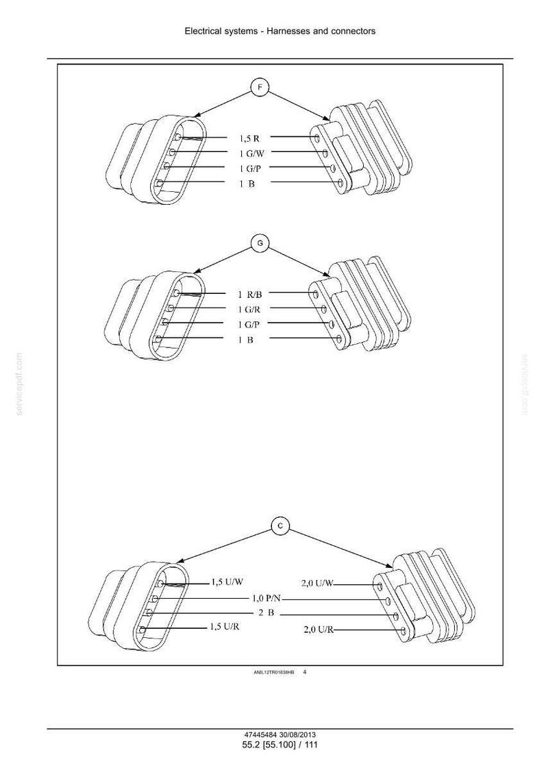 May include: Diagram of electrical harnesses and connectors, labeled with specifications. The image shows three different connector designs, each with multiple pins and wire designations like 1.5 R, 1 G/W, and 1 B. The text at the top reads "Electrical systems - Harnesses and connectors."
